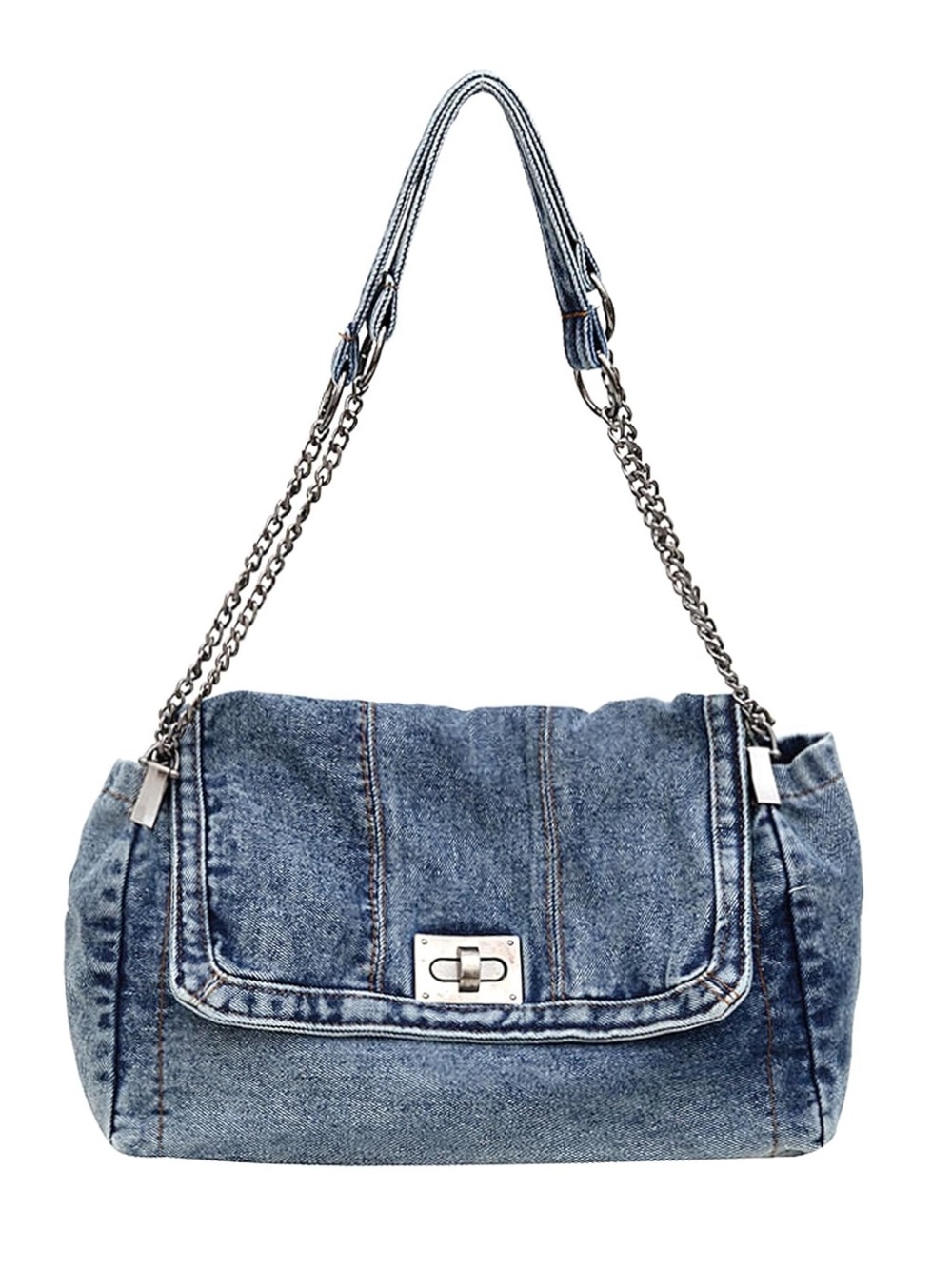 Italy Denim Shoulder Bag with Chain Strap - Blue